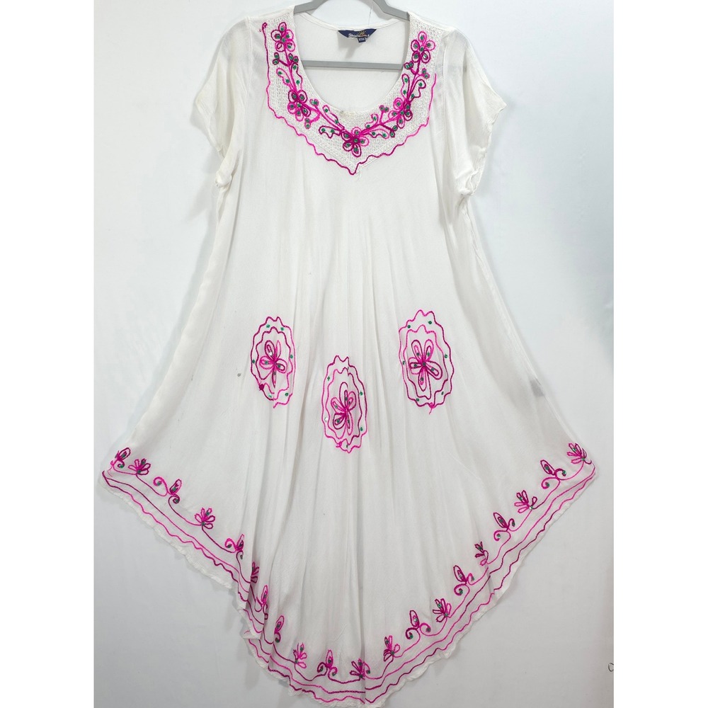 Riviera Sun Embroidered Rayon Caftan Dress OS White Pink Boho Festival Beachy